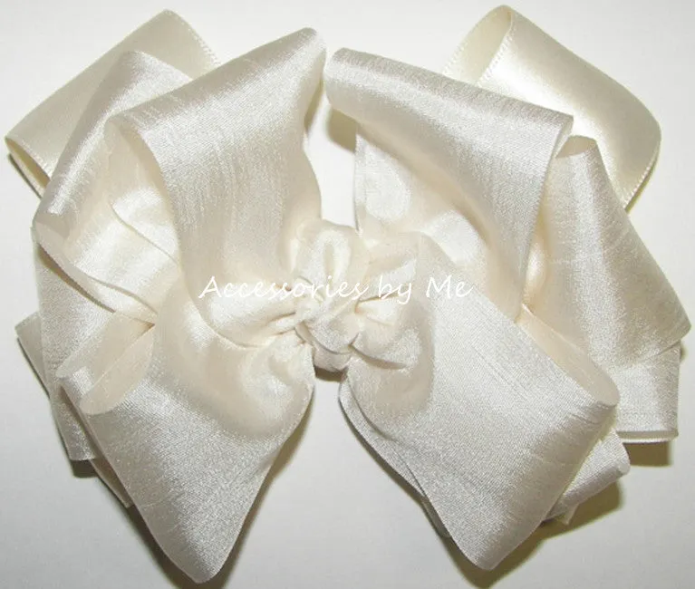 Off White Silk Satin Ribbon Hair Bow