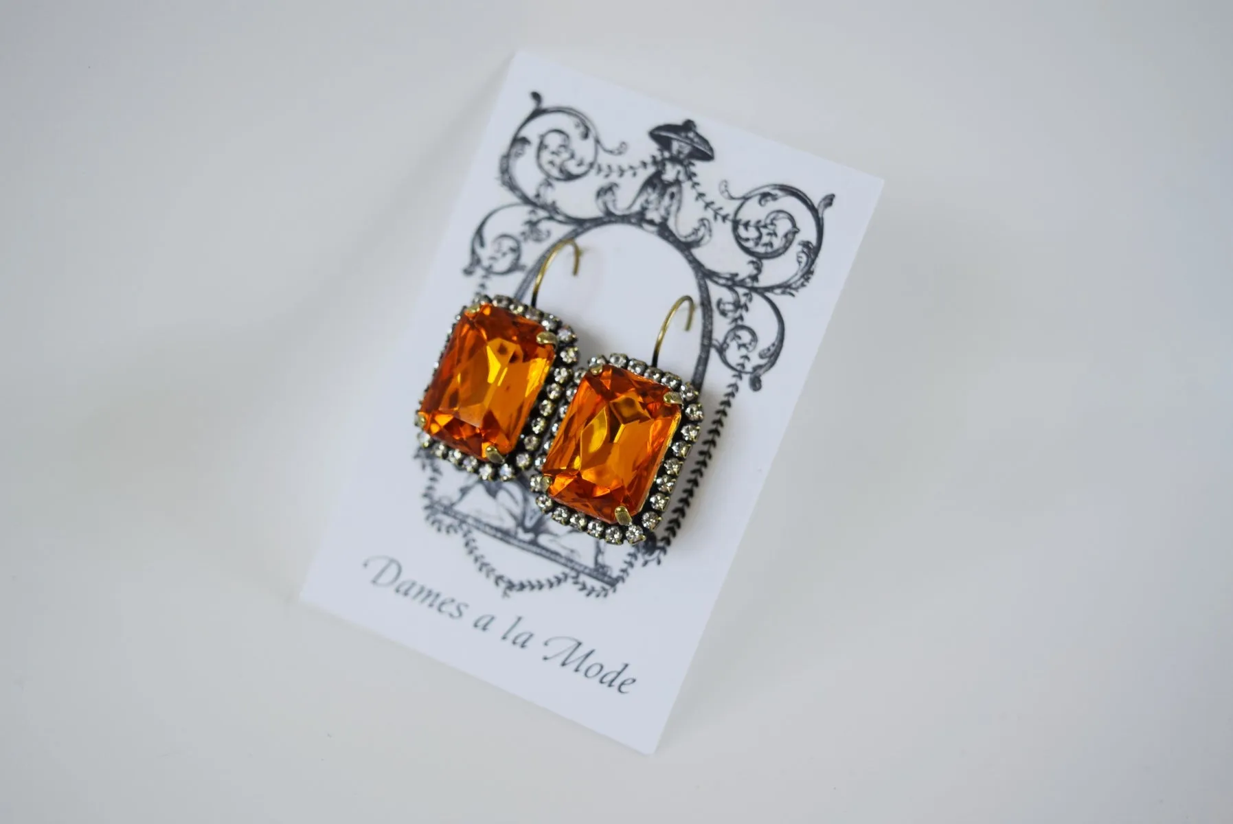 Orange Topaz Halo Crystal Earrings - Large Octagon