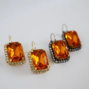 Orange Topaz Halo Crystal Earrings - Large Octagon