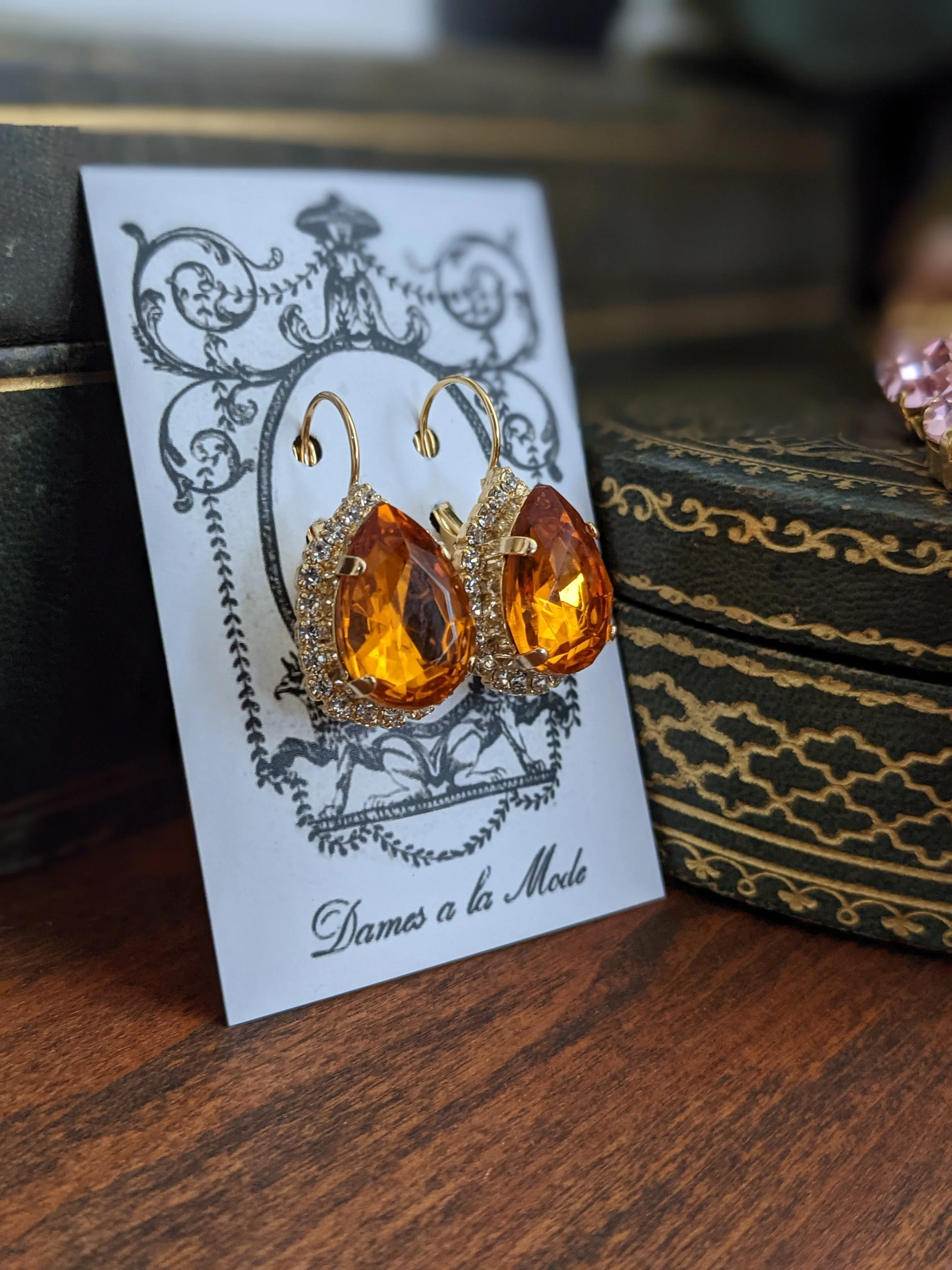 Orange Topaz Halo Crystal Earrings - Large Teardrop