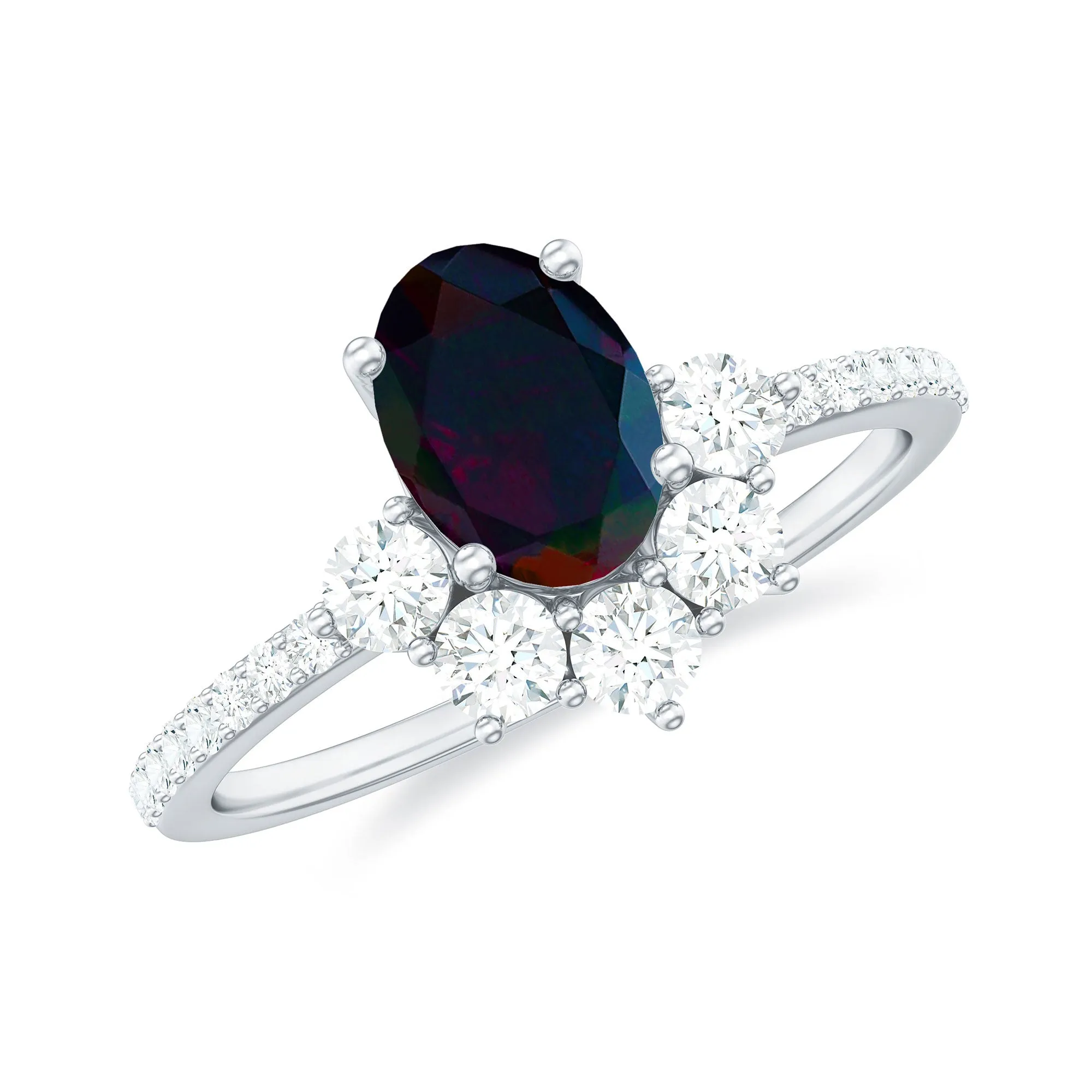 Oval Black Opal and Diamond Half Halo Engagement Ring