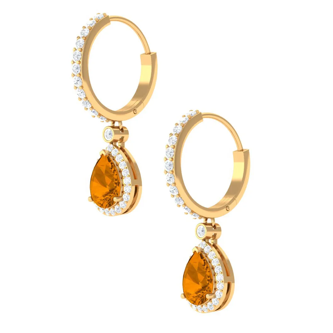 Pear Shape Citrine Hoop Drop Earrings with Moissanite Halo