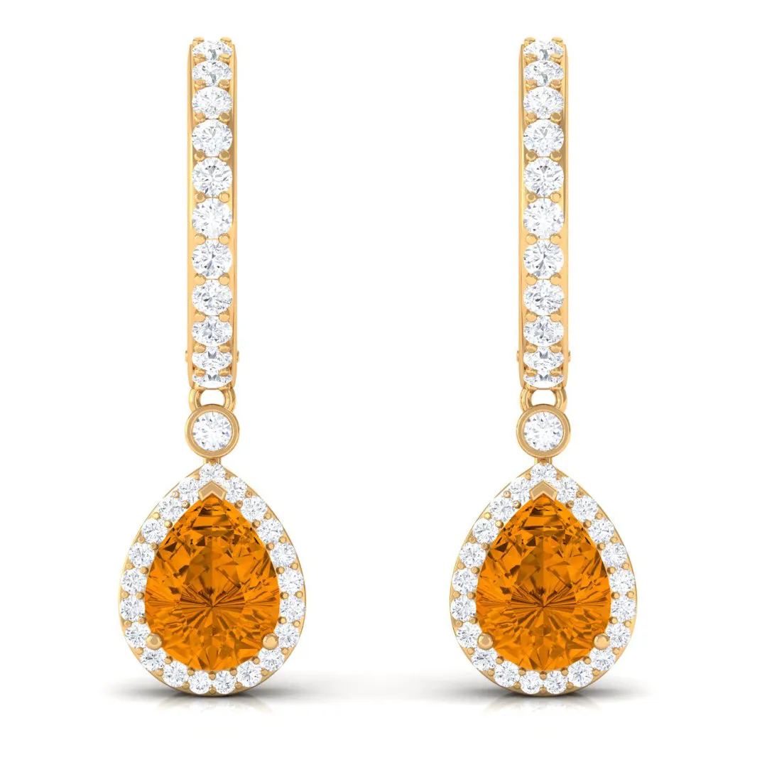 Pear Shape Citrine Hoop Drop Earrings with Moissanite Halo