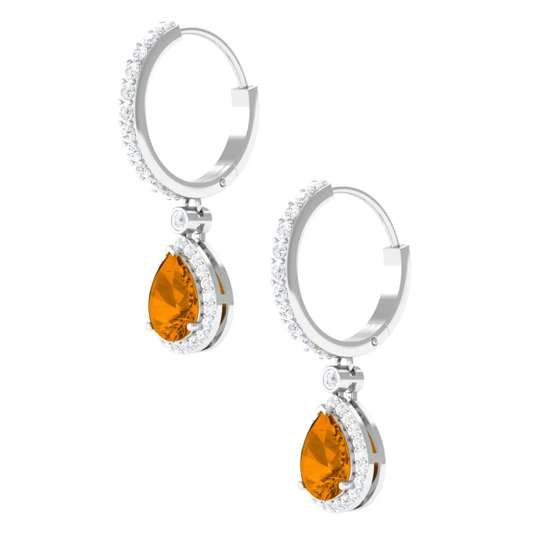 Pear Shape Citrine Hoop Drop Earrings with Moissanite Halo