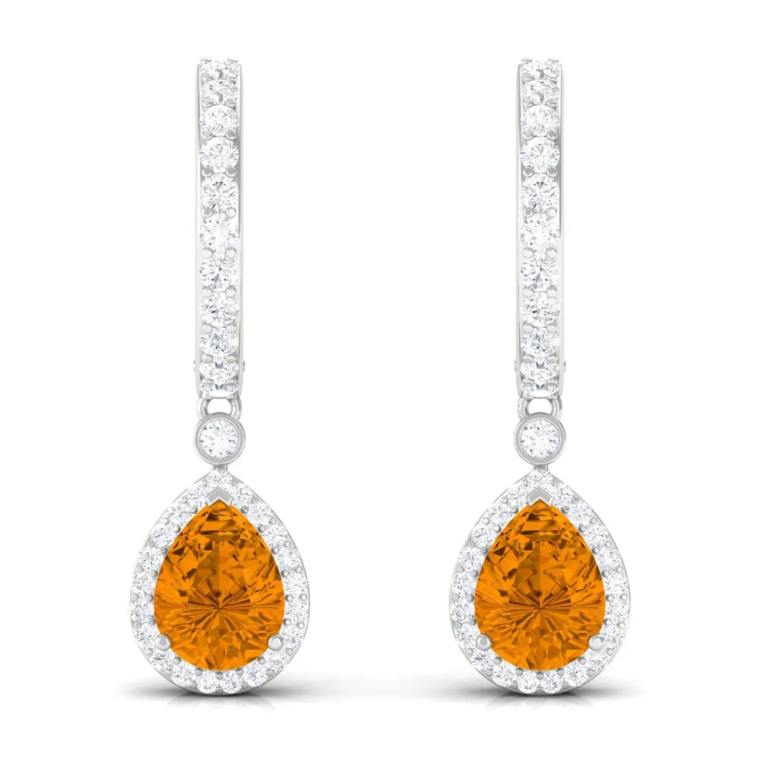 Pear Shape Citrine Hoop Drop Earrings with Moissanite Halo