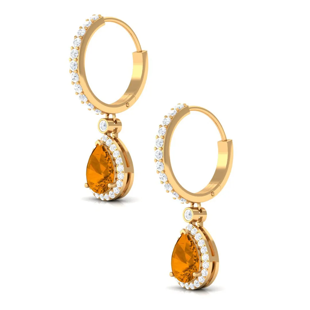 Pear Shape Citrine Hoop Drop Earrings with Moissanite Halo