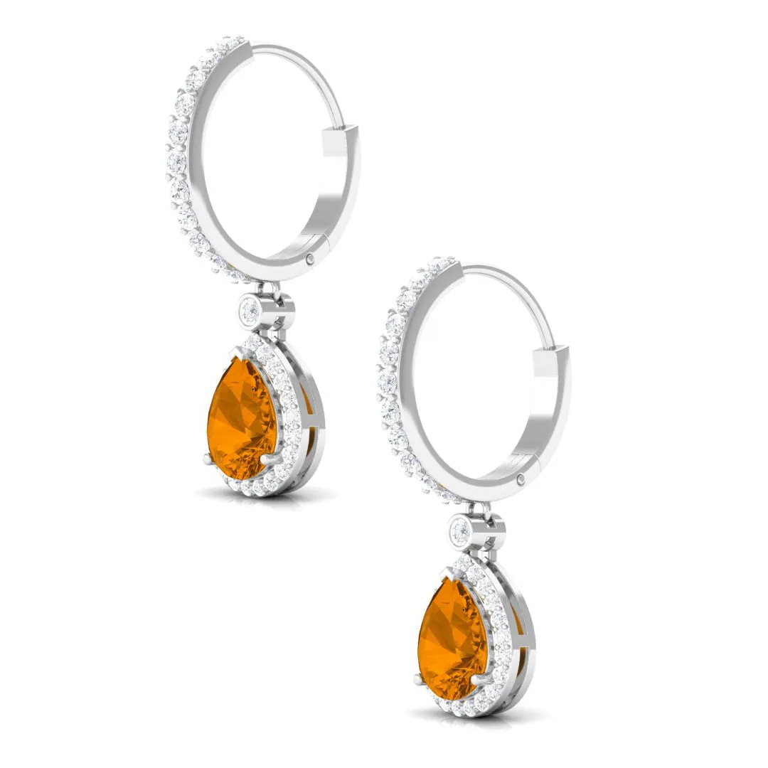 Pear Shape Citrine Hoop Drop Earrings with Moissanite Halo