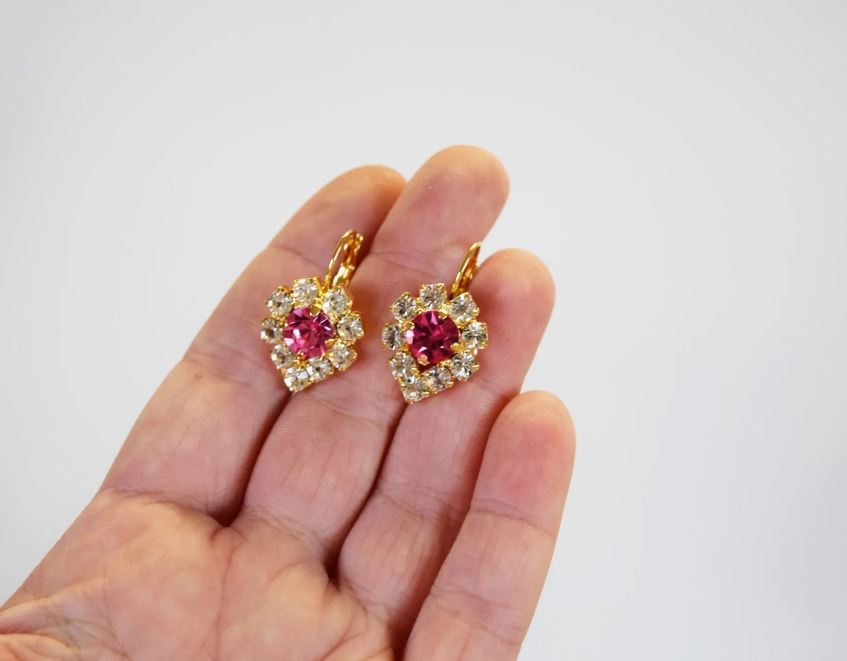 Pink and Crystal Halo Teardrop Earrings