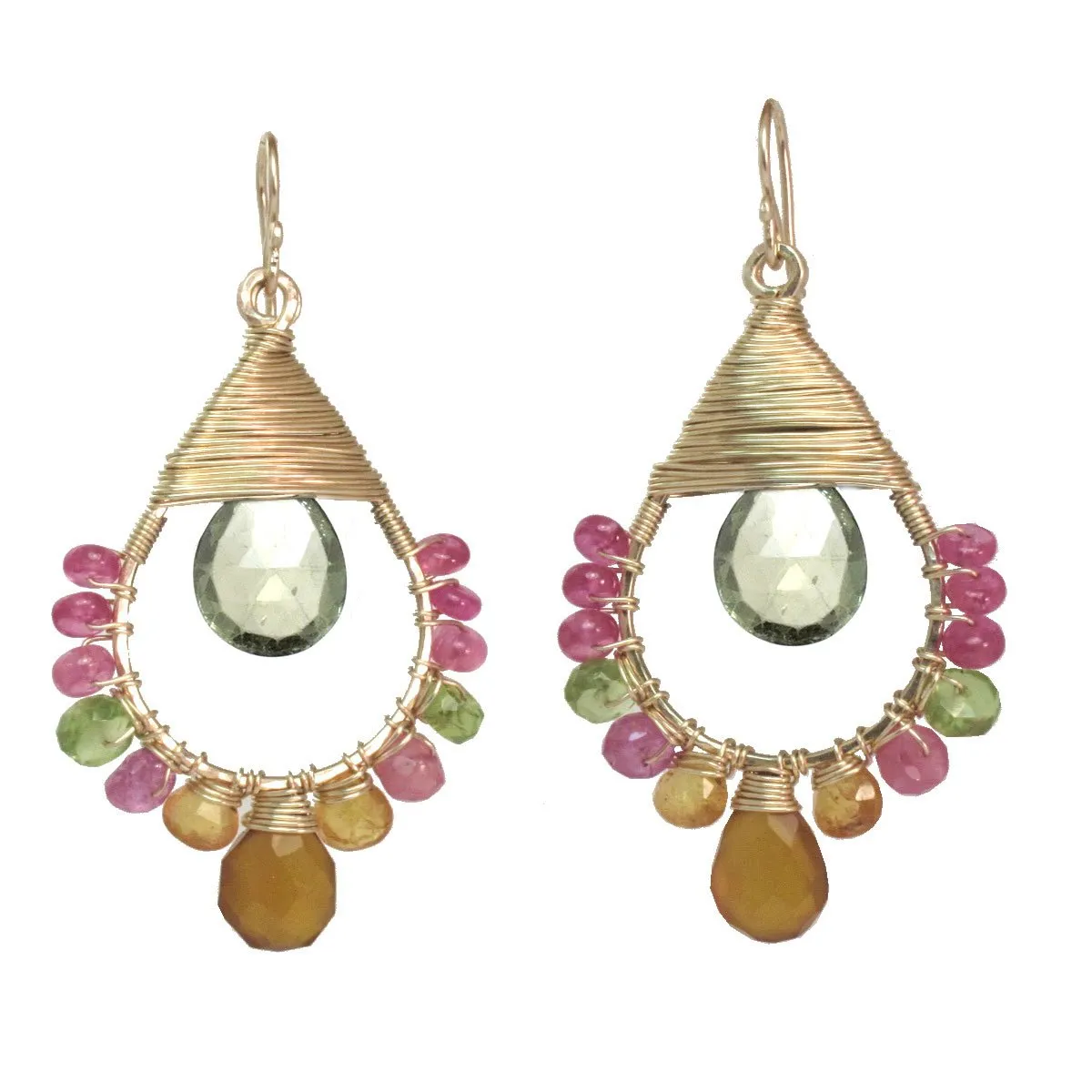 Pink Ruby Mandarin Garnet Peridot and Green Amethyst Earrings SRN176 by Calico Juno Designs, Bonnie Riconda