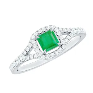 Princess shape Emerald Engagement Ring with Diamond Split Shank