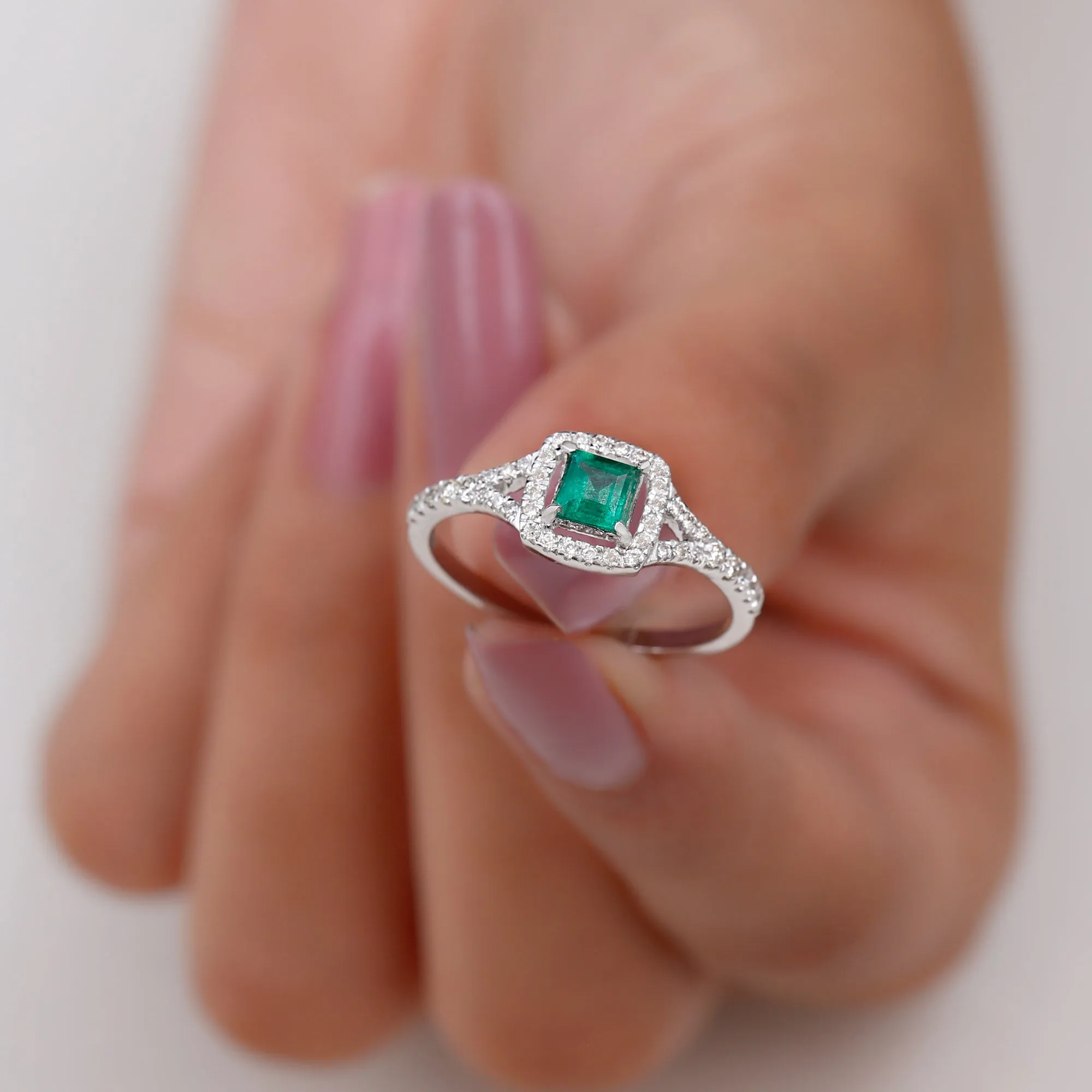 Princess shape Emerald Engagement Ring with Diamond Split Shank