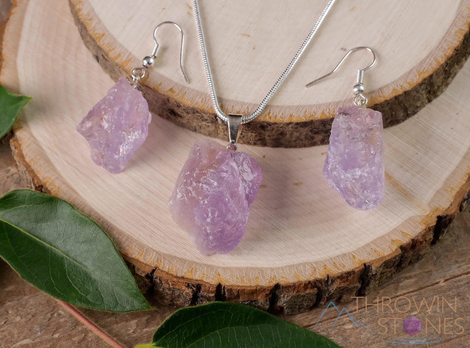 Raw AMETHYST Crystal Necklace Earrings Set - Dangle Earrings with Pendant Necklace, Birthstone Gemstone Jewelry, Gift for Her,  E1157