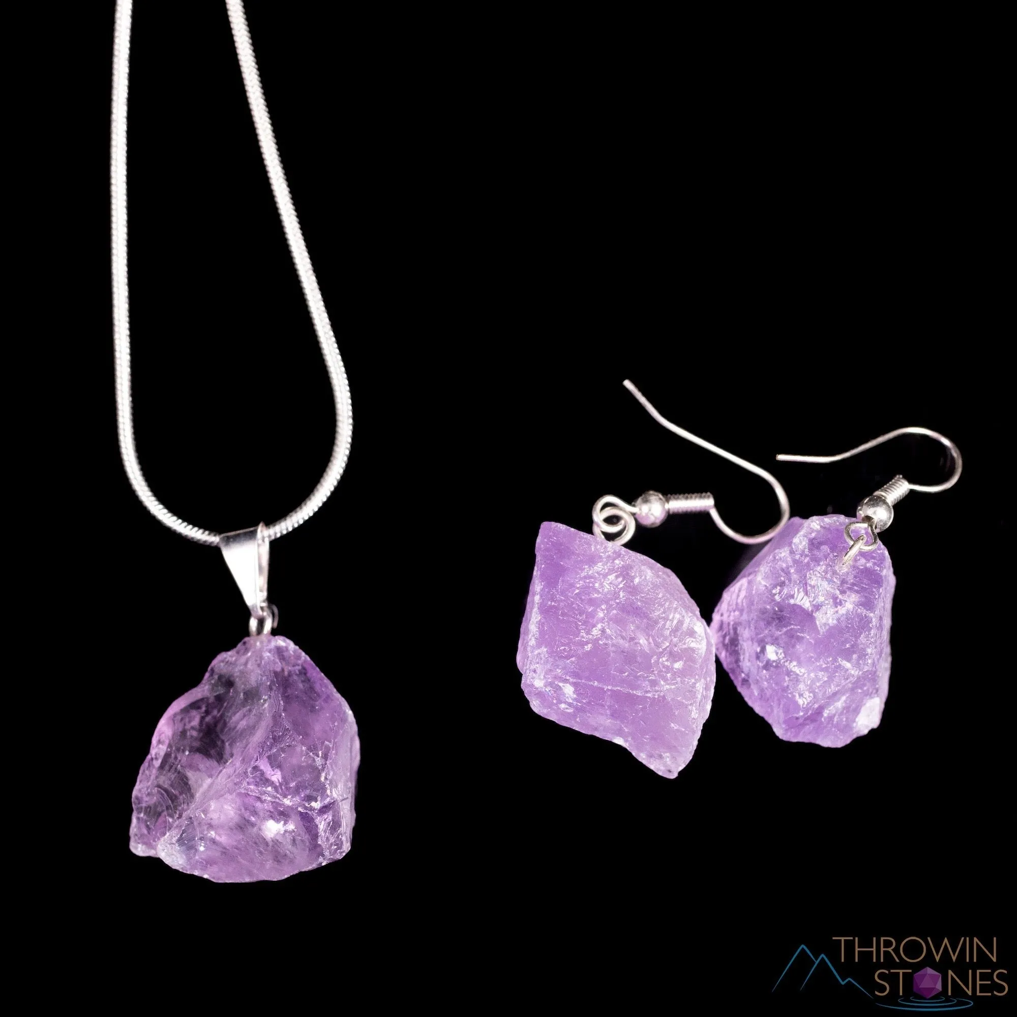 Raw AMETHYST Crystal Necklace Earrings Set - Dangle Earrings with Pendant Necklace, Birthstone Gemstone Jewelry, Gift for Her,  E1157