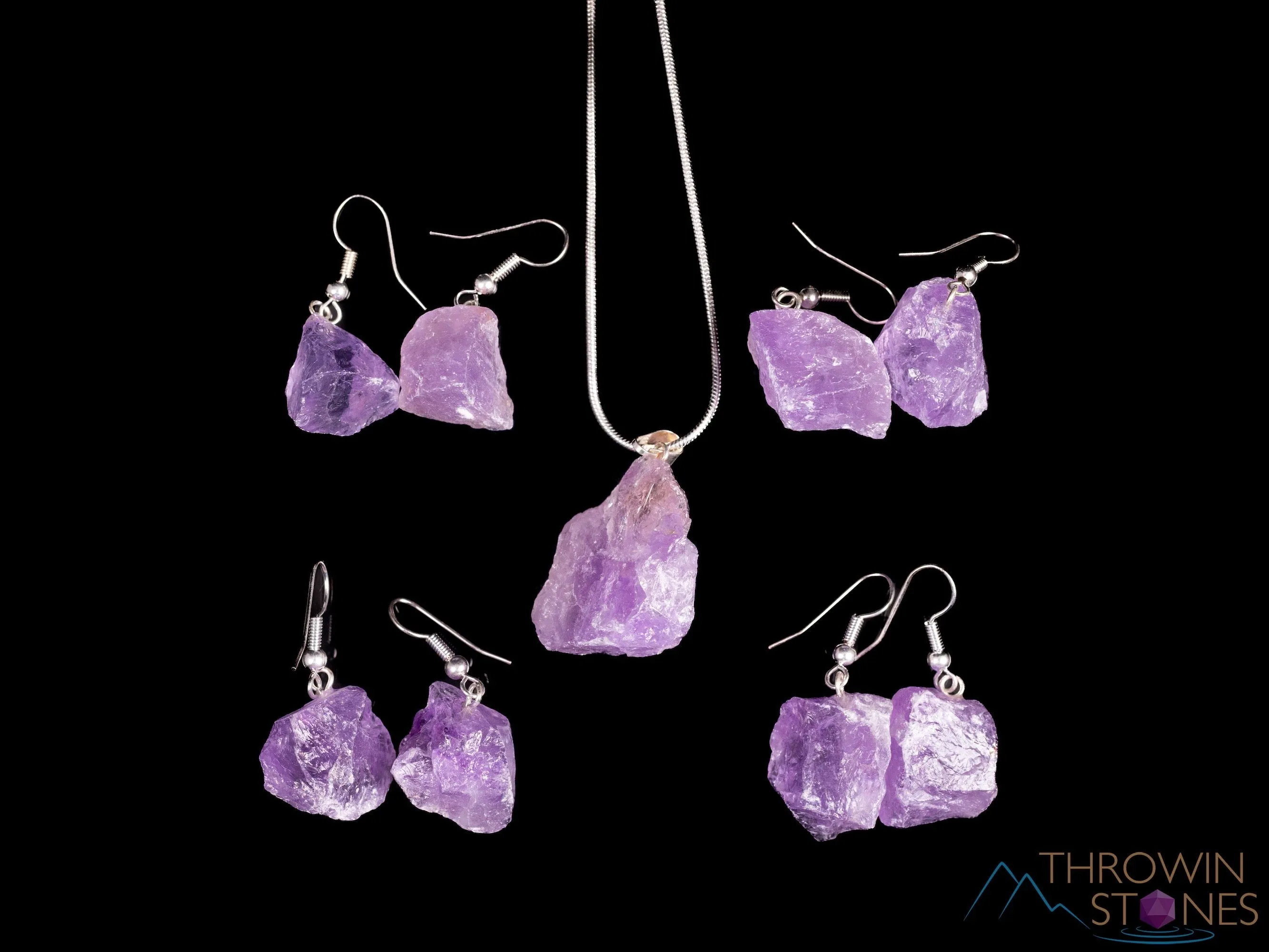 Raw AMETHYST Crystal Necklace Earrings Set - Dangle Earrings with Pendant Necklace, Birthstone Gemstone Jewelry, Gift for Her,  E1157