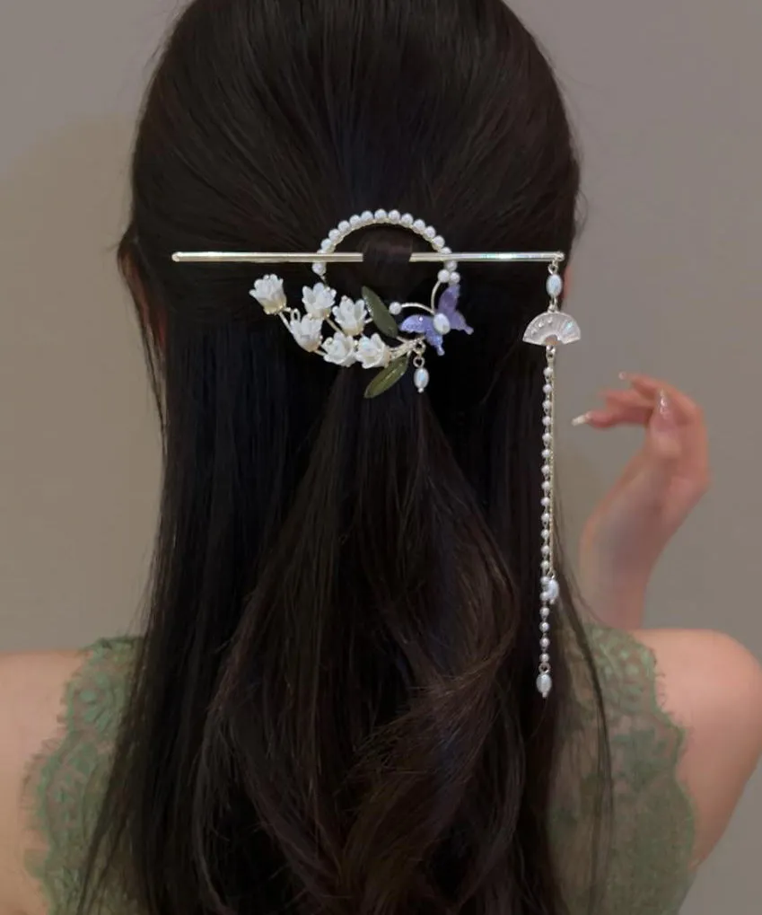 Retro White Alloy Pearl Lily Of The Valley Tassel Hairpin AB1083