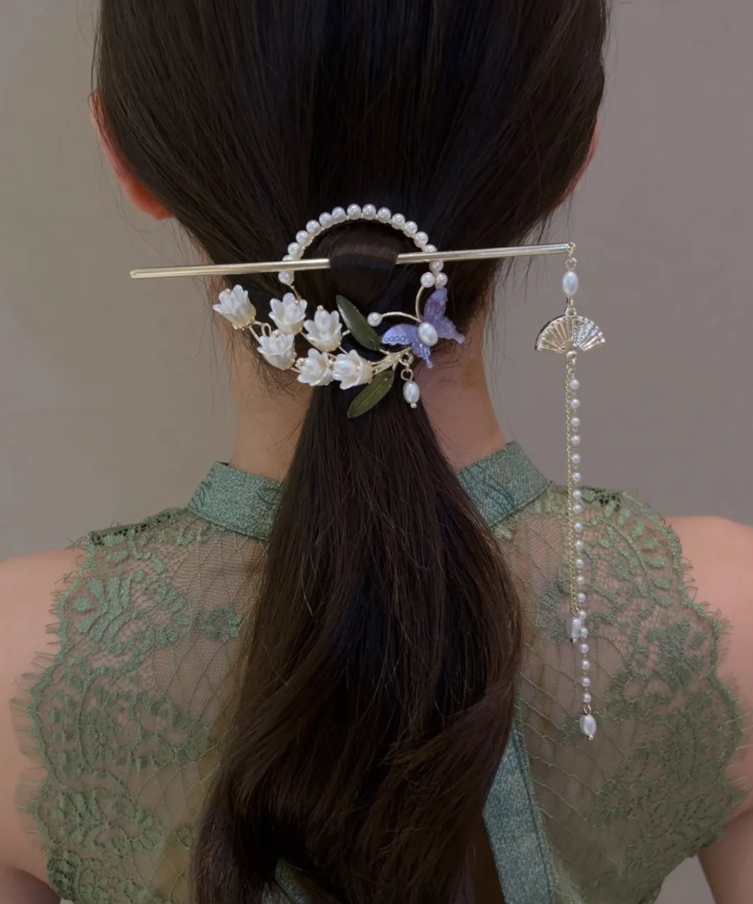 Retro White Alloy Pearl Lily Of The Valley Tassel Hairpin AB1083