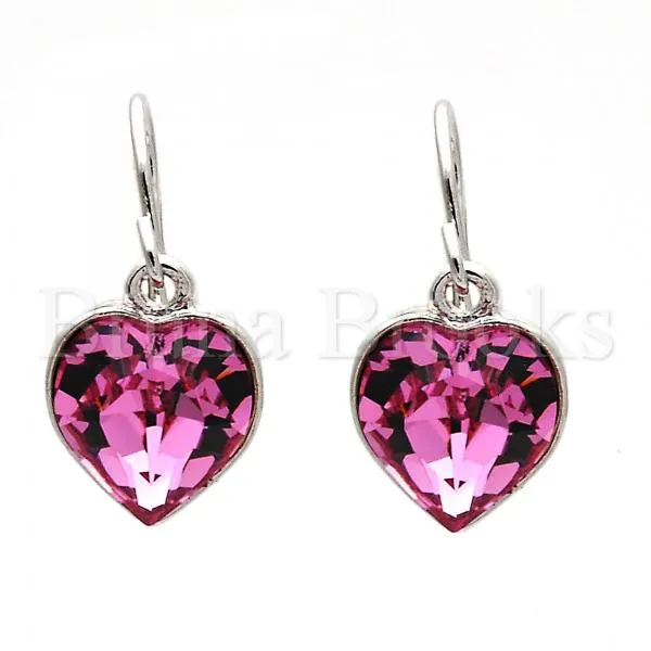 Rhodium Plated Dangle Earring, Heart Design, with Swarovski Crystals, Rhodium Tone