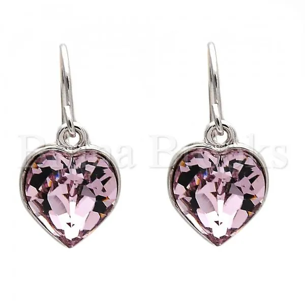 Rhodium Plated Dangle Earring, Heart Design, with Swarovski Crystals, Rhodium Tone