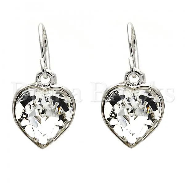 Rhodium Plated Dangle Earring, Heart Design, with Swarovski Crystals, Rhodium Tone