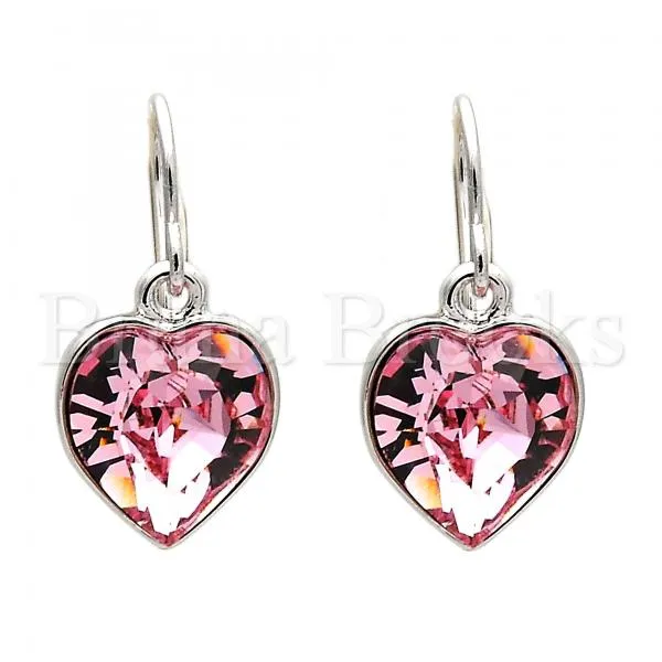 Rhodium Plated Dangle Earring, Heart Design, with Swarovski Crystals, Rhodium Tone