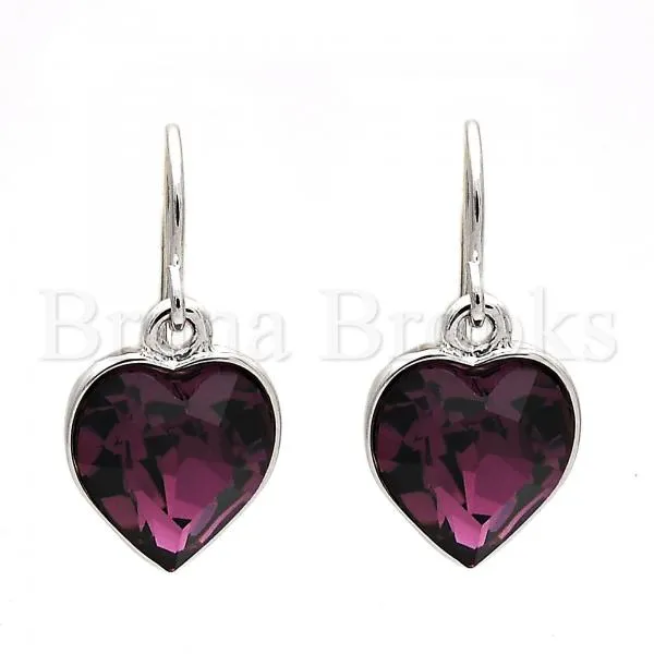 Rhodium Plated Dangle Earring, Heart Design, with Swarovski Crystals, Rhodium Tone