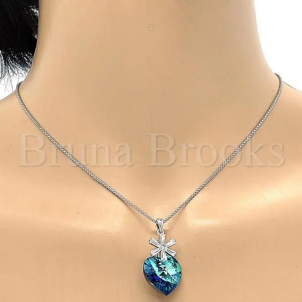 Rhodium Plated Fancy Necklace, Heart and Flower Design, with Swarovski Crystals and Cubic Zirconia, Rhodium Tone