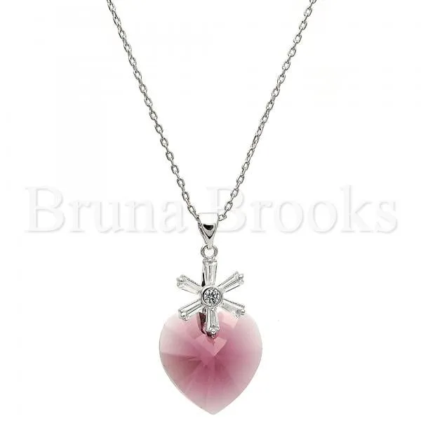 Rhodium Plated Fancy Necklace, Heart and Flower Design, with Swarovski Crystals and Cubic Zirconia, Rhodium Tone