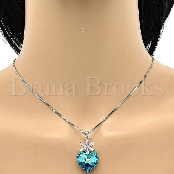 Rhodium Plated Fancy Necklace, Heart and Flower Design, with Swarovski Crystals and Cubic Zirconia, Rhodium Tone