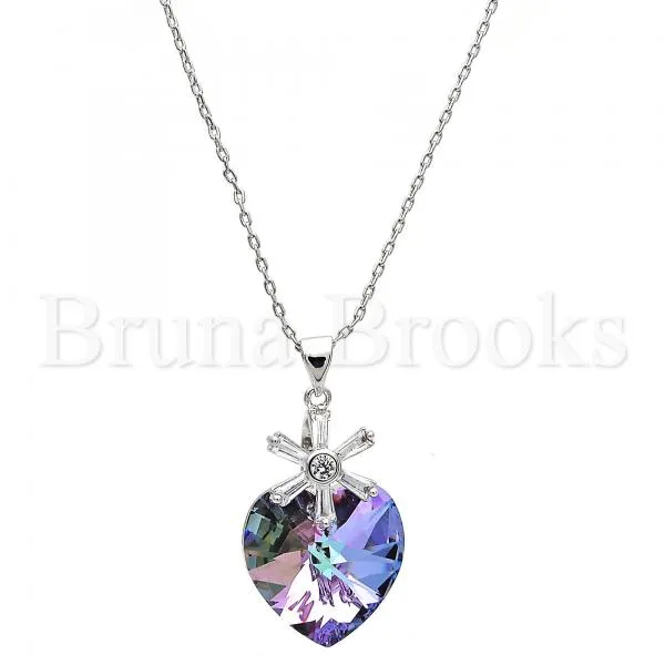 Rhodium Plated Fancy Necklace, Heart and Flower Design, with Swarovski Crystals and Cubic Zirconia, Rhodium Tone