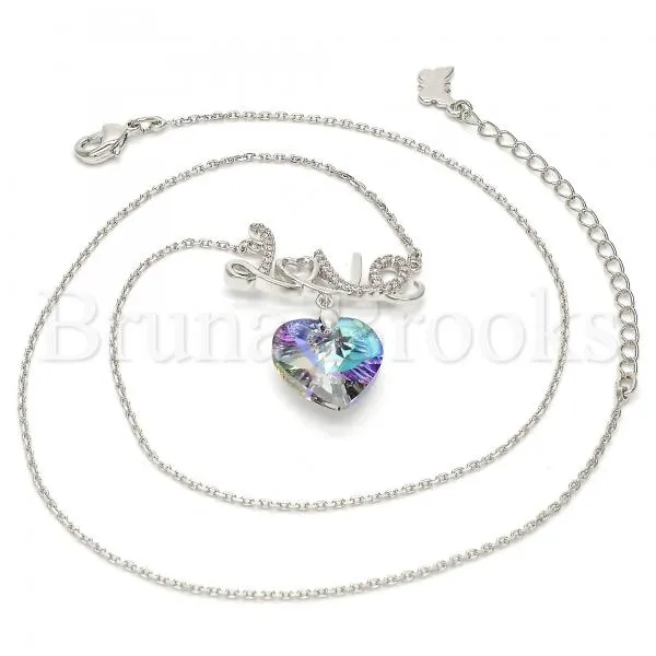 Rhodium Plated Fancy Necklace, Heart and Love Design, with Swarovski Crystals and Micro Pave, Rhodium Tone