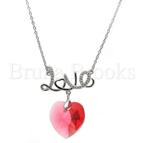 Rhodium Plated Fancy Necklace, Heart and Love Design, with Swarovski Crystals and Micro Pave, Rhodium Tone