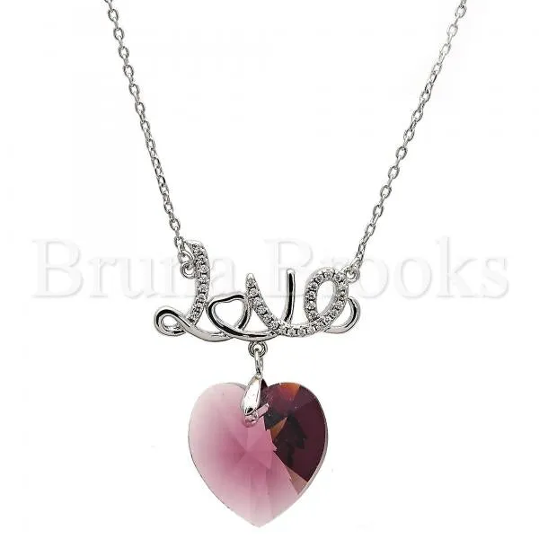 Rhodium Plated Fancy Necklace, Heart and Love Design, with Swarovski Crystals and Micro Pave, Rhodium Tone