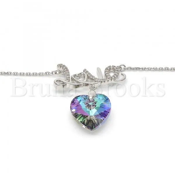 Rhodium Plated Fancy Necklace, Heart and Love Design, with Swarovski Crystals and Micro Pave, Rhodium Tone