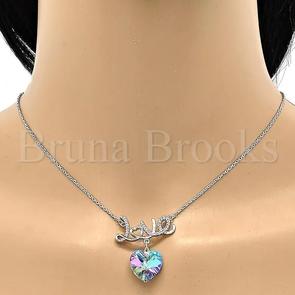 Rhodium Plated Fancy Necklace, Heart and Love Design, with Swarovski Crystals and Micro Pave, Rhodium Tone