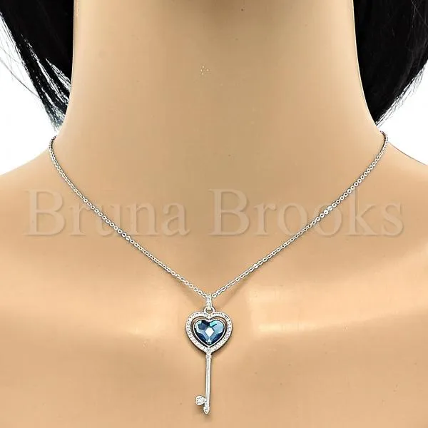 Rhodium Plated Fancy Necklace, key and Heart Design, with Swarovski Crystals and Micro Pave, Rhodium Tone