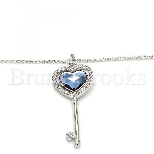 Rhodium Plated Fancy Necklace, key and Heart Design, with Swarovski Crystals and Micro Pave, Rhodium Tone