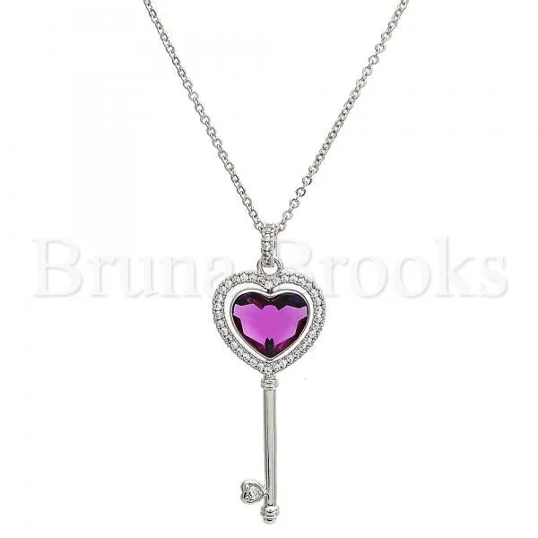 Rhodium Plated Fancy Necklace, key and Heart Design, with Swarovski Crystals and Micro Pave, Rhodium Tone