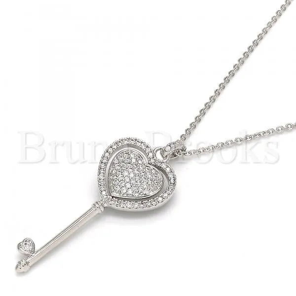 Rhodium Plated Fancy Necklace, key and Heart Design, with Swarovski Crystals and Micro Pave, Rhodium Tone