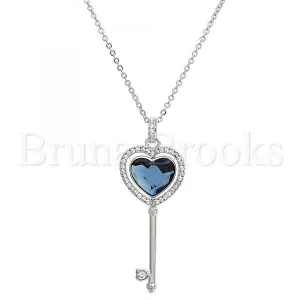 Rhodium Plated Fancy Necklace, key and Heart Design, with Swarovski Crystals and Micro Pave, Rhodium Tone