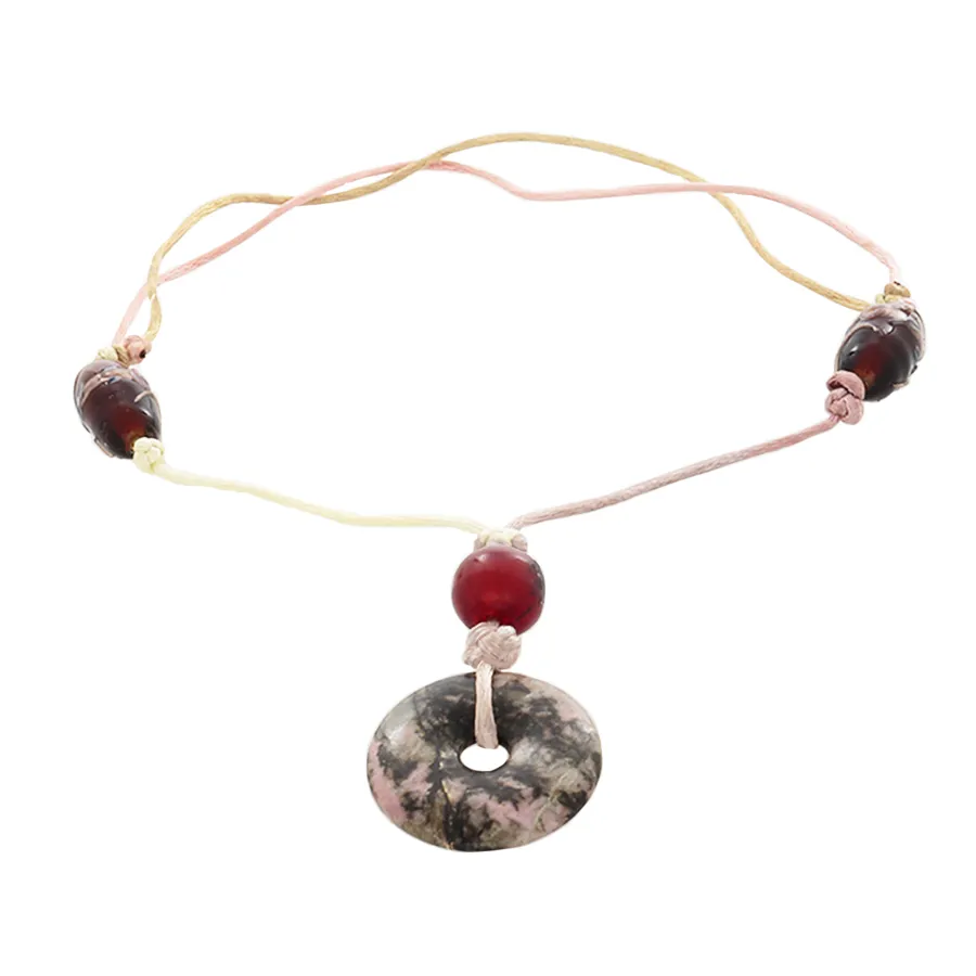 Rhodochrosite Pendant , Amber & Glass Bead Necklace on Adjustable Satin Cord