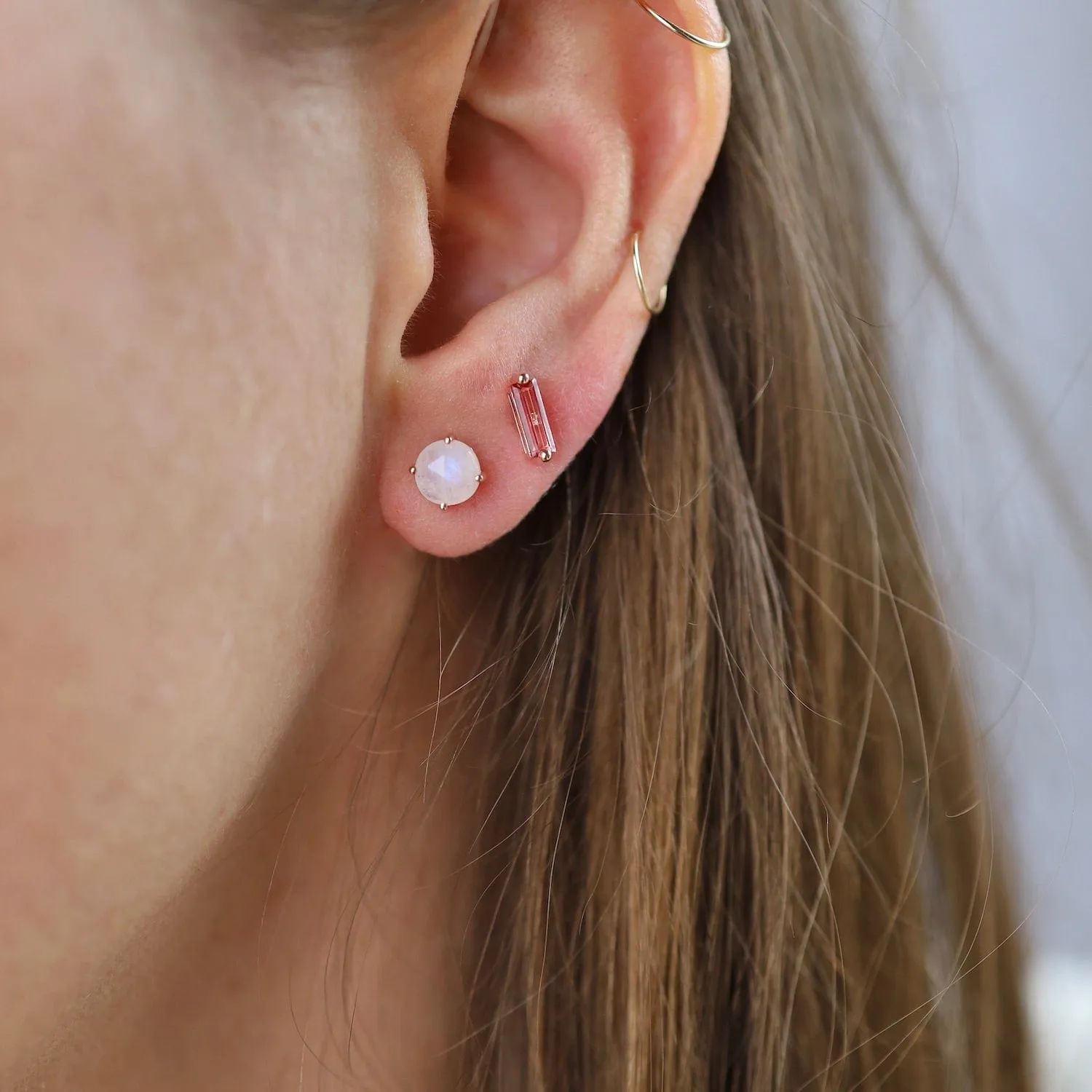 Rose Gold Round Rainbow Moonstone Post Earrings