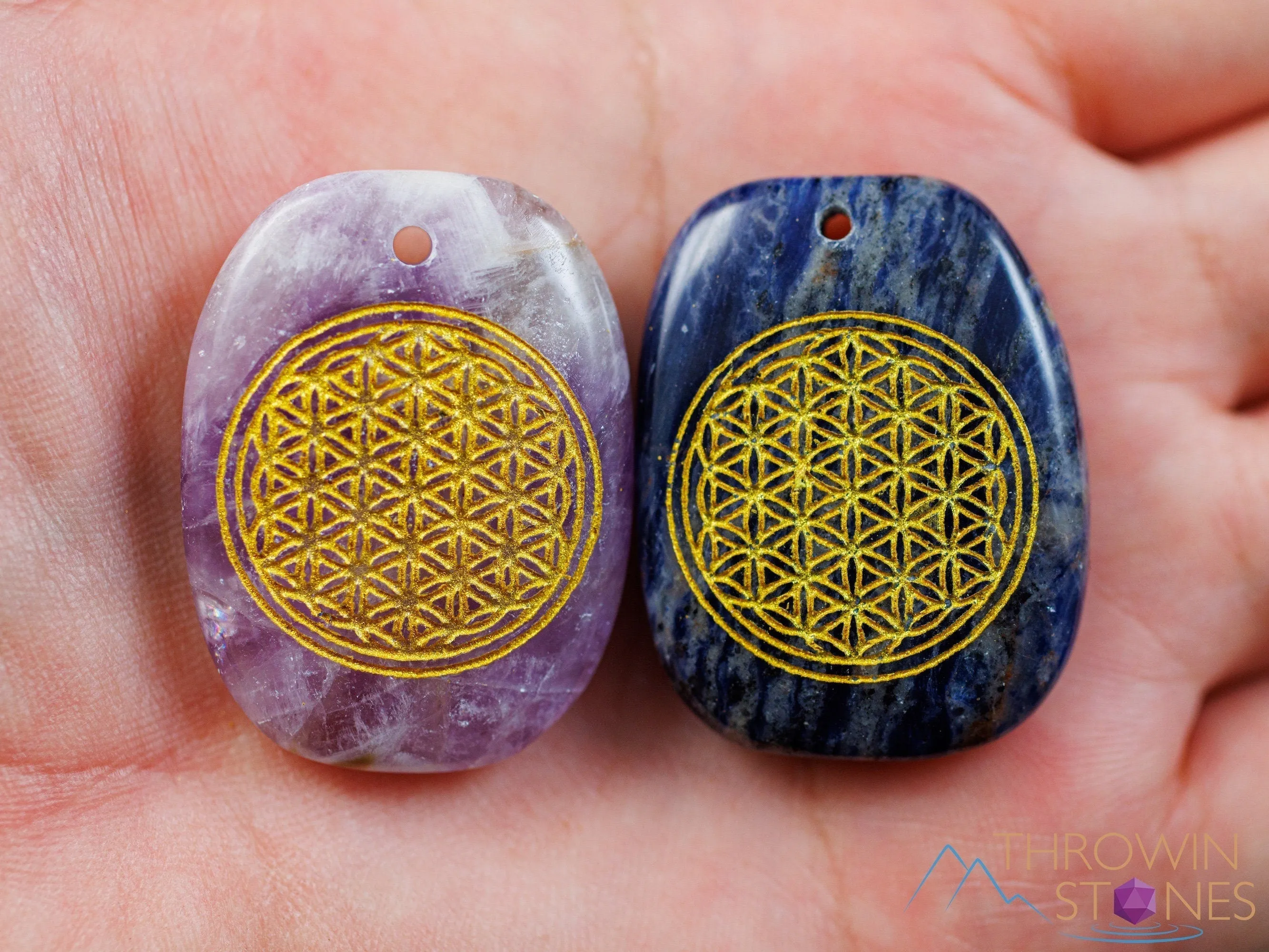 ROSE or CLEAR Quartz, AMETHYST, or Sodalite Crystal Pendant - Engraved, Flower of Life - Mandala, Sacred Geometry, Jewelry, E2101