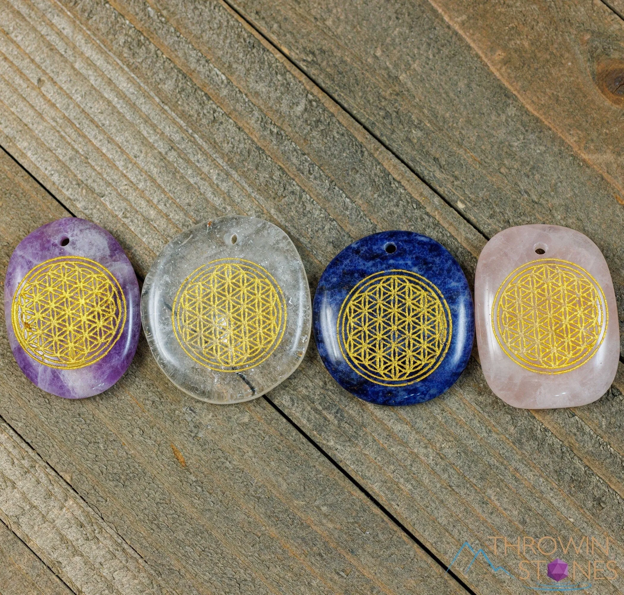 ROSE or CLEAR Quartz, AMETHYST, or Sodalite Crystal Pendant - Engraved, Flower of Life - Mandala, Sacred Geometry, Jewelry, E2101