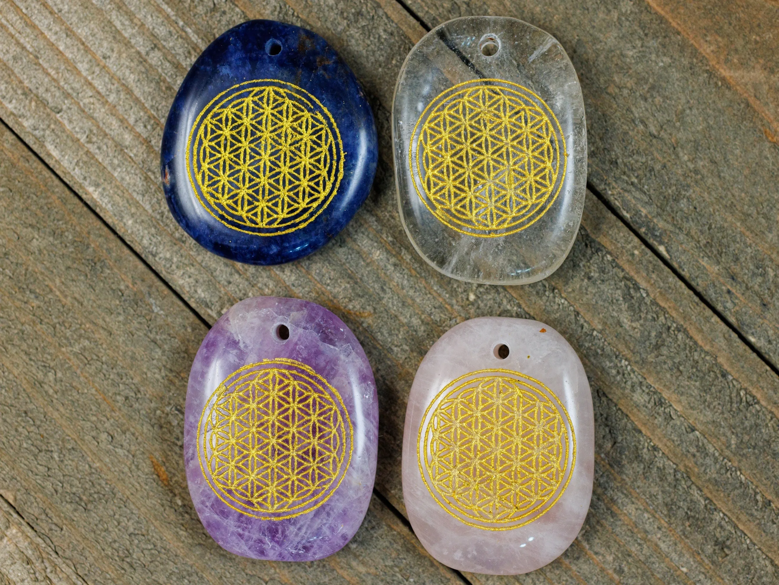 ROSE or CLEAR Quartz, AMETHYST, or Sodalite Crystal Pendant - Engraved, Flower of Life - Mandala, Sacred Geometry, Jewelry, E2101