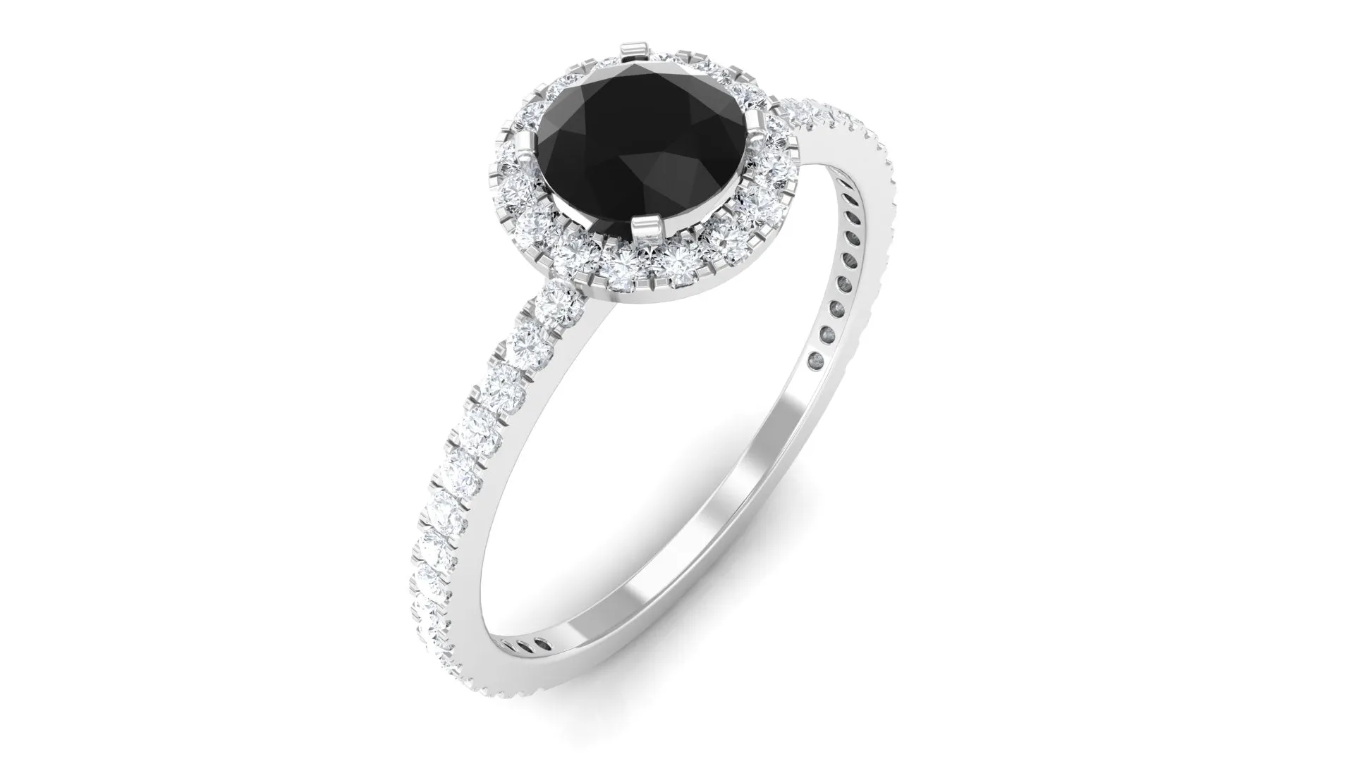 Round Black Spinel Halo Engagement Ring with Diamond