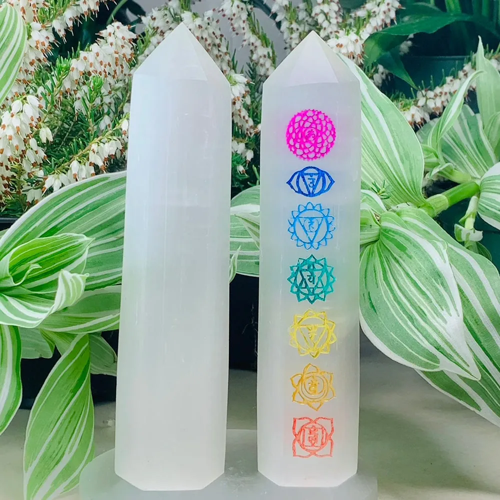 Selenite Chakra Tall Generator   7 Chakra Mini Gemstones