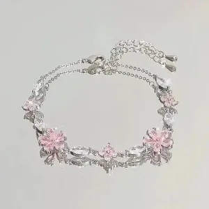 Shiny Pink Crystal Cherry Blossom Bracelets For Women Girls Sweet Moon Bow Flowers Zircon Bracelet Party Aesthetic Egirl Jewelry