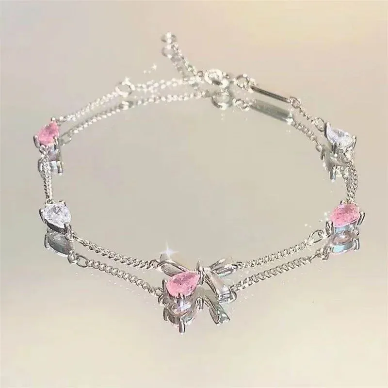 Shiny Pink Crystal Cherry Blossom Bracelets For Women Girls Sweet Moon Bow Flowers Zircon Bracelet Party Aesthetic Egirl Jewelry