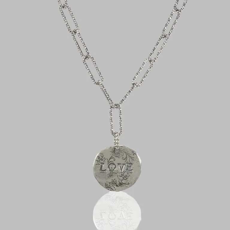 Silver chain with a Love pendant. Necklaces for women.