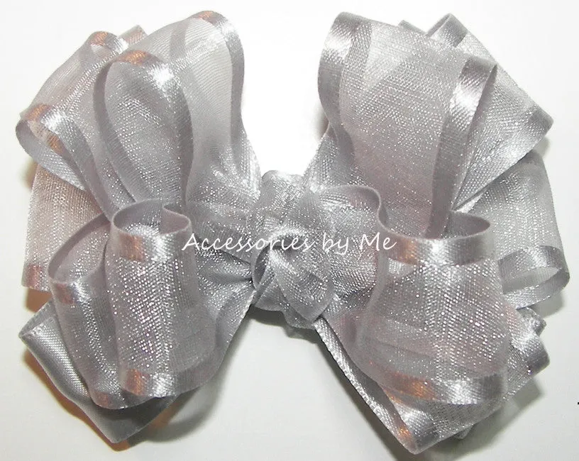 Silver Organza Satin Hair Bow